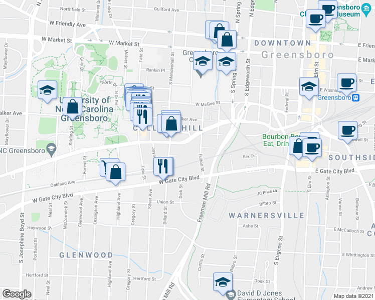 map of restaurants, bars, coffee shops, grocery stores, and more near 801 Spring Garden Street in Greensboro