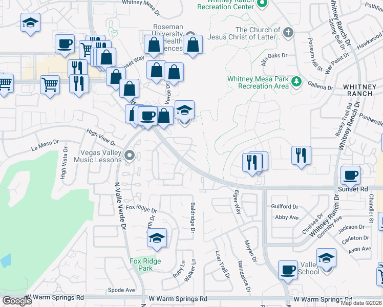 map of restaurants, bars, coffee shops, grocery stores, and more near 1801 Scimitar Drive in Henderson