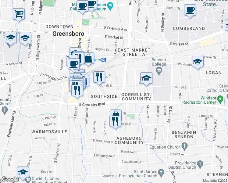 map of restaurants, bars, coffee shops, grocery stores, and more near 416 McAdoo Avenue in Greensboro