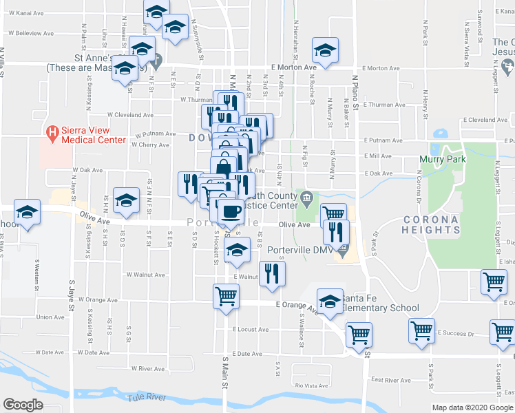 map of restaurants, bars, coffee shops, grocery stores, and more near 39 N 3rd St in Porterville