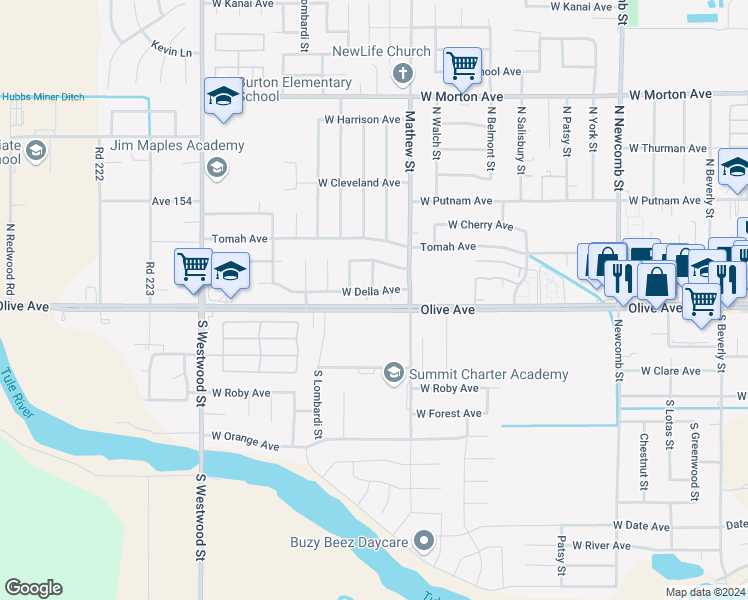 map of restaurants, bars, coffee shops, grocery stores, and more near 2061 West Della Avenue in Porterville