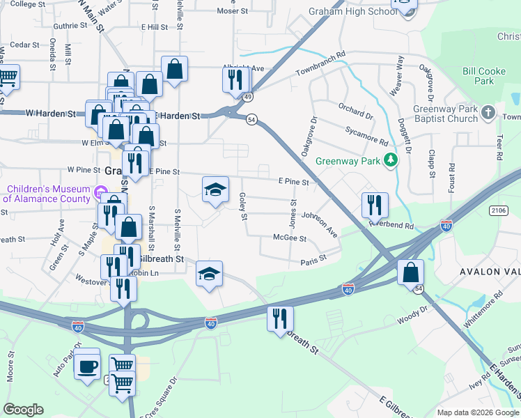 map of restaurants, bars, coffee shops, grocery stores, and more near 508 Johnson Avenue in Graham