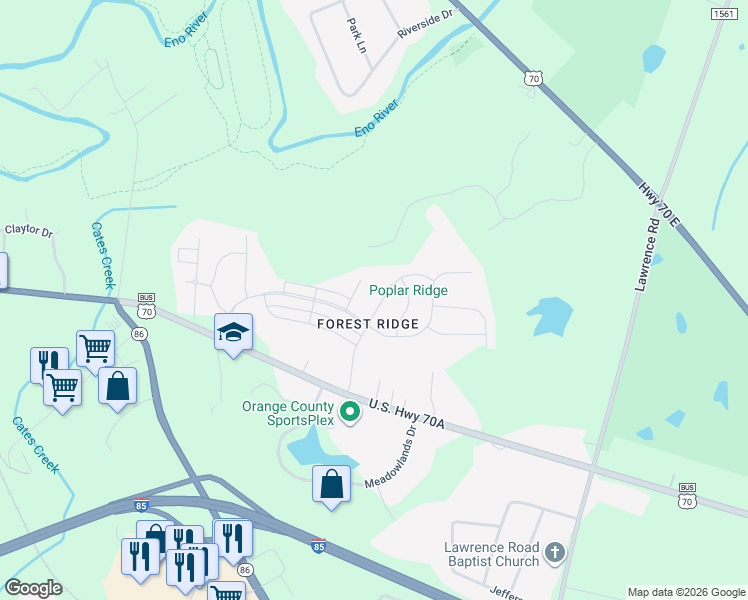 map of restaurants, bars, coffee shops, grocery stores, and more near 311 Prestwood Drive in Hillsborough