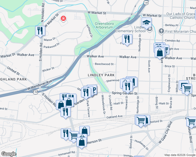 map of restaurants, bars, coffee shops, grocery stores, and more near 801 Willowbrook Drive in Greensboro