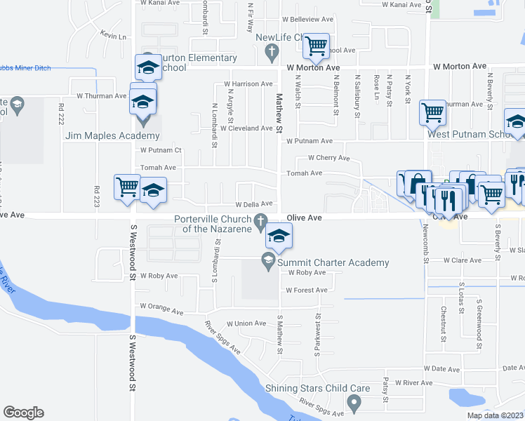 map of restaurants, bars, coffee shops, grocery stores, and more near 2041 West Della Avenue in Porterville