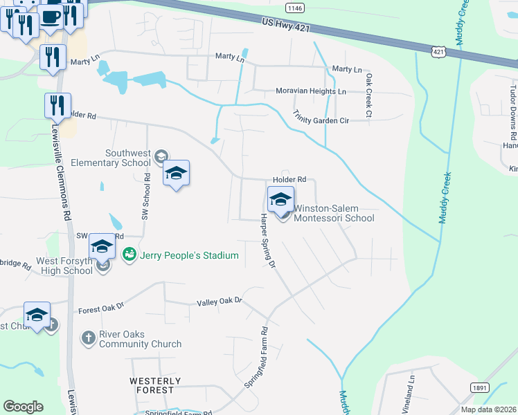 map of restaurants, bars, coffee shops, grocery stores, and more near 1637 Harper Spring Drive in Clemmons