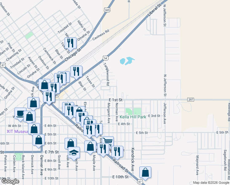map of restaurants, bars, coffee shops, grocery stores, and more near 111 North Norman Street in Dalhart