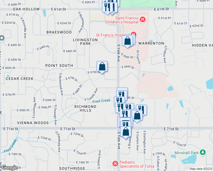 map of restaurants, bars, coffee shops, grocery stores, and more near 4806 East 67th Street in Tulsa