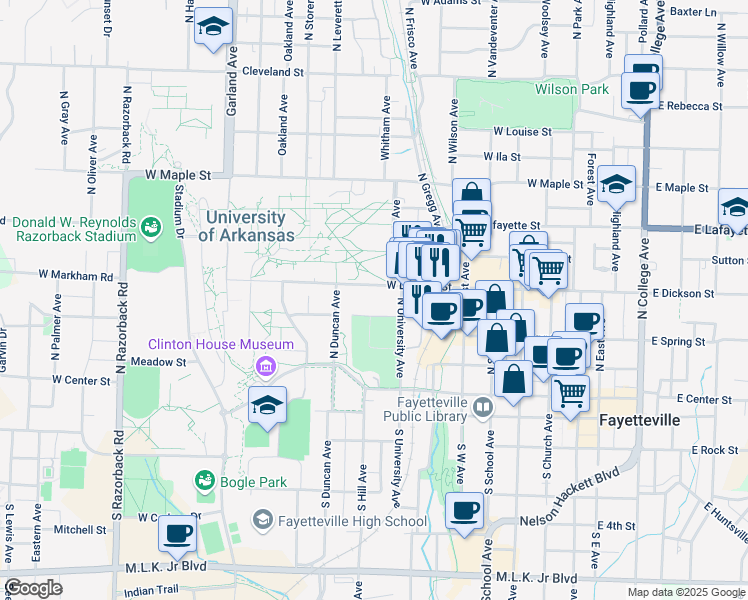 map of restaurants, bars, coffee shops, grocery stores, and more near 731 West Dickson Street in Fayetteville
