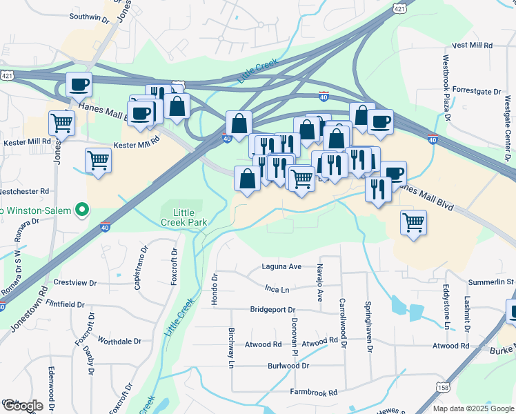 map of restaurants, bars, coffee shops, grocery stores, and more near 1315 Creekshire Way in Winston-Salem