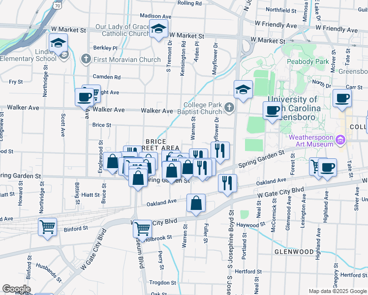 map of restaurants, bars, coffee shops, grocery stores, and more near 118 Poe Street in Greensboro