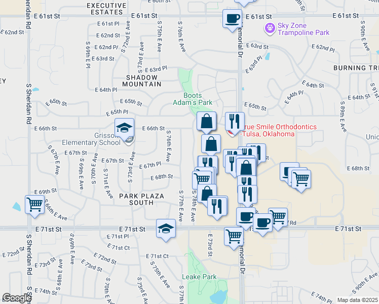 map of restaurants, bars, coffee shops, grocery stores, and more near 6718 South 78th East Avenue in Tulsa