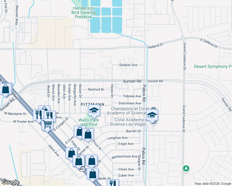 map of restaurants, bars, coffee shops, grocery stores, and more near 507 Tabony Avenue in Henderson