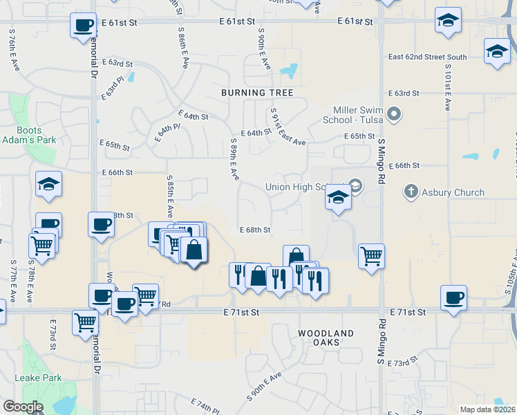 map of restaurants, bars, coffee shops, grocery stores, and more near 6720 South 91st East Avenue in Tulsa