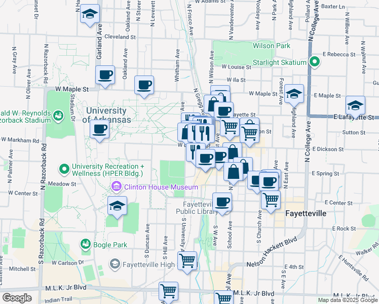map of restaurants, bars, coffee shops, grocery stores, and more near in Fayetteville