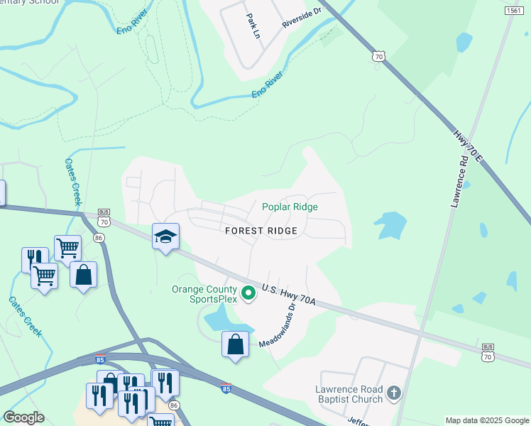 map of restaurants, bars, coffee shops, grocery stores, and more near 311 Prestwood Drive in Hillsborough