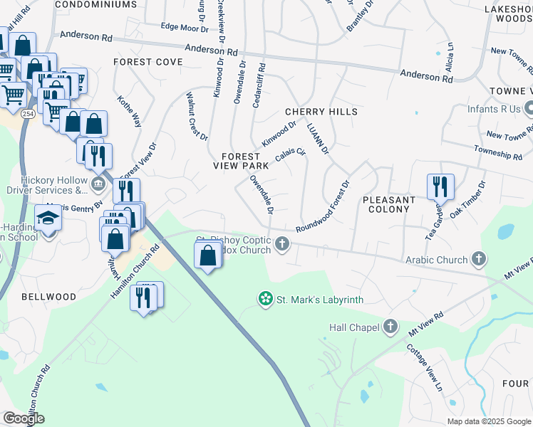 map of restaurants, bars, coffee shops, grocery stores, and more near 3033 Owendale Drive in Nashville