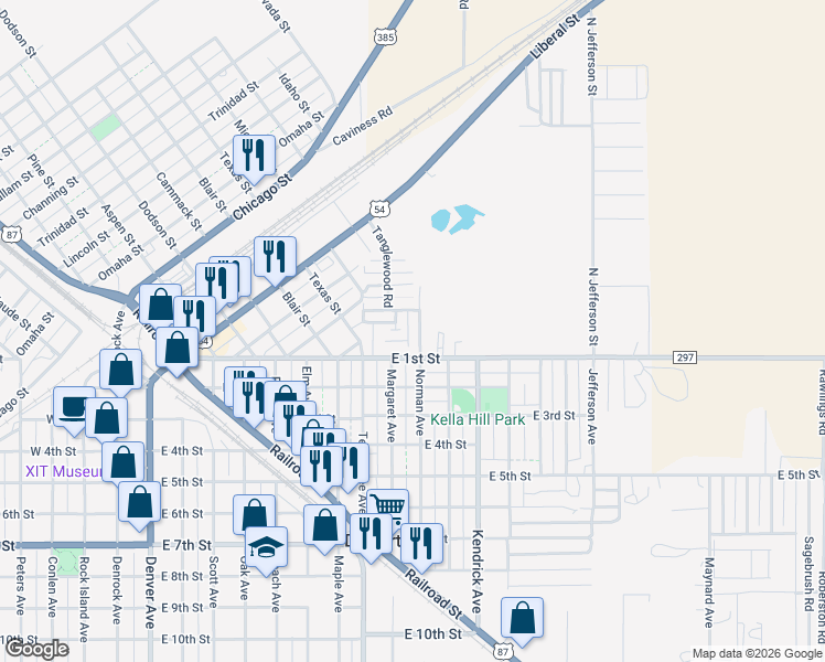 map of restaurants, bars, coffee shops, grocery stores, and more near 111 North Norman Street in Dalhart