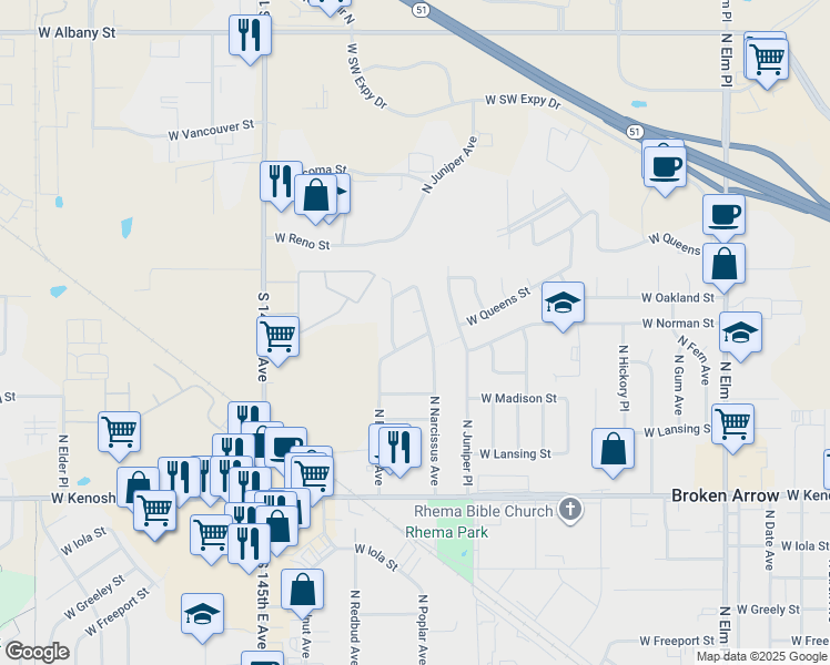 map of restaurants, bars, coffee shops, grocery stores, and more near 1404 West Oakland Street in Broken Arrow