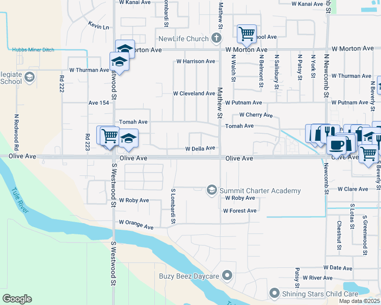 map of restaurants, bars, coffee shops, grocery stores, and more near 2101 West Della Avenue in Porterville