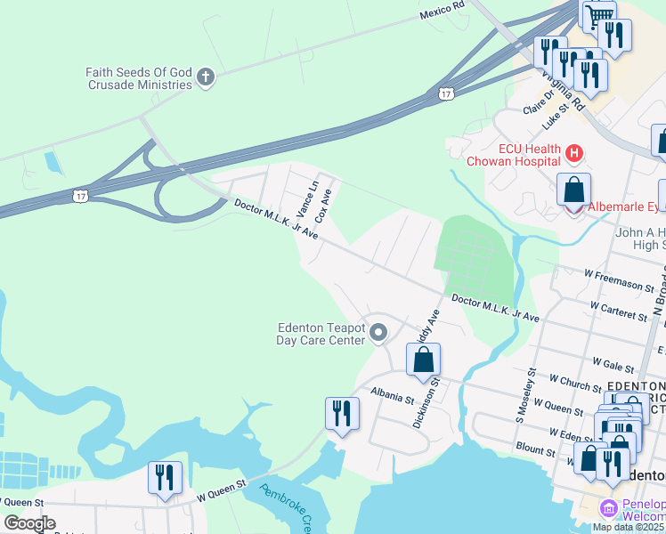 map of restaurants, bars, coffee shops, grocery stores, and more near 715 Doctor Martin Luther King Junior Avenue in Edenton