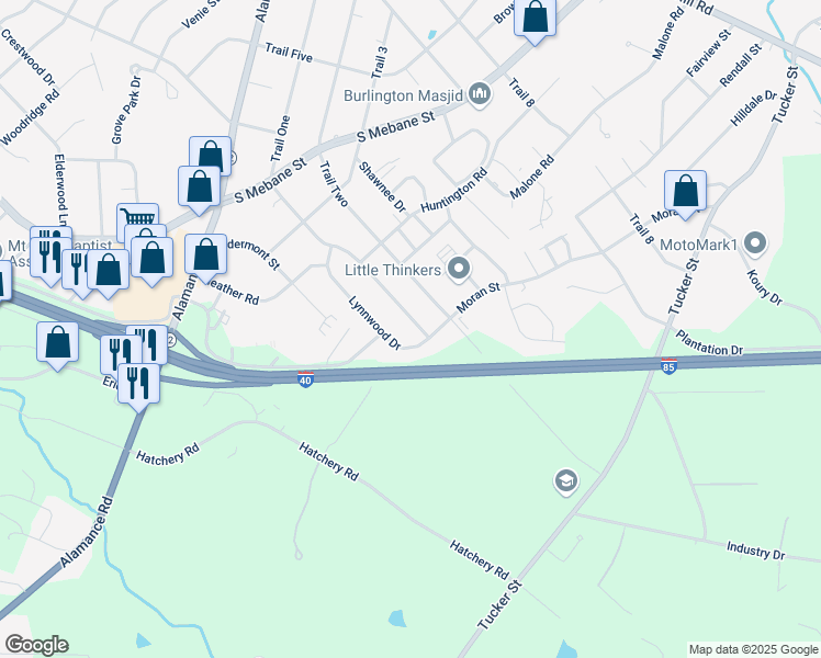 map of restaurants, bars, coffee shops, grocery stores, and more near 820 Trail One in Burlington