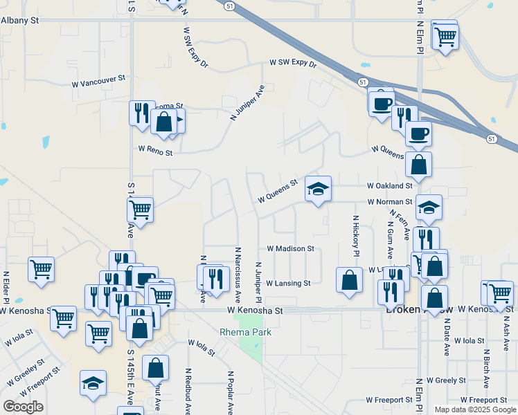 map of restaurants, bars, coffee shops, grocery stores, and more near 1113 West Queens Street in Broken Arrow
