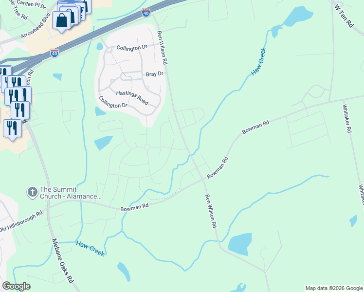 map of restaurants, bars, coffee shops, grocery stores, and more near 1315 Ben Wilson Road in Mebane