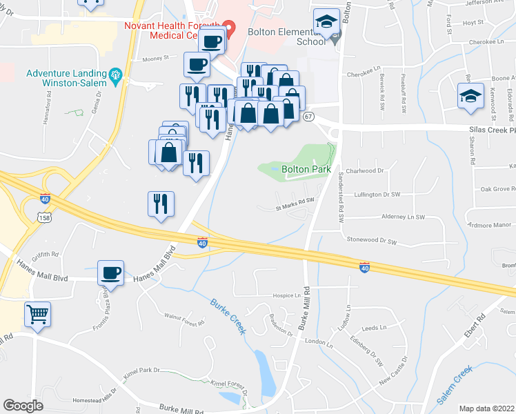 map of restaurants, bars, coffee shops, grocery stores, and more near 2958 Saint Marks Road Southwest in Winston-Salem