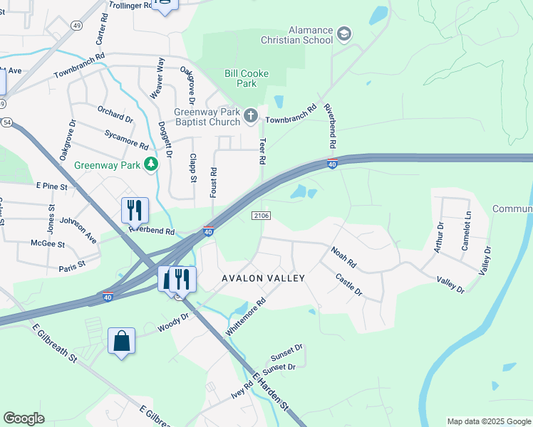 map of restaurants, bars, coffee shops, grocery stores, and more near 1033 Woody Drive in Graham
