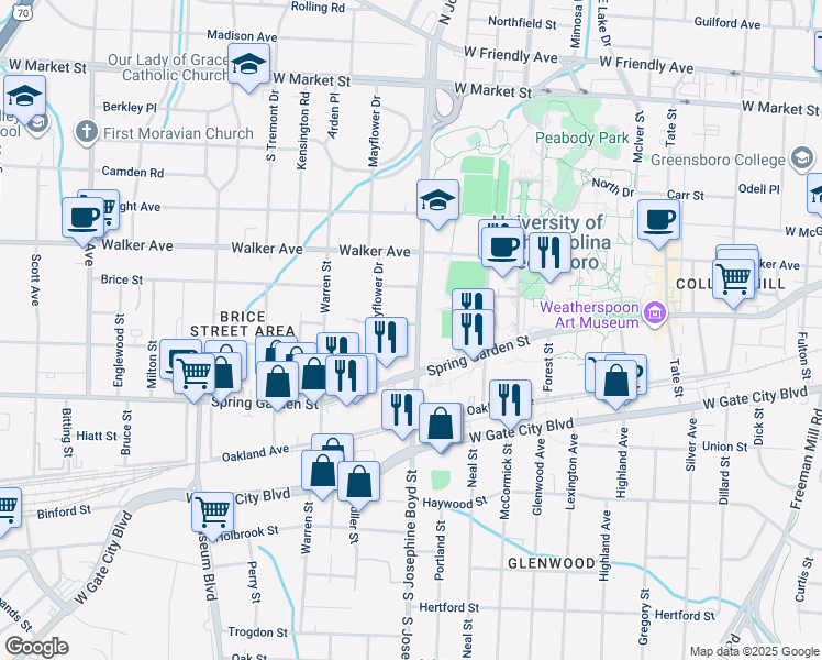 map of restaurants, bars, coffee shops, grocery stores, and more near 530 South Josephine Boyd Street in Greensboro