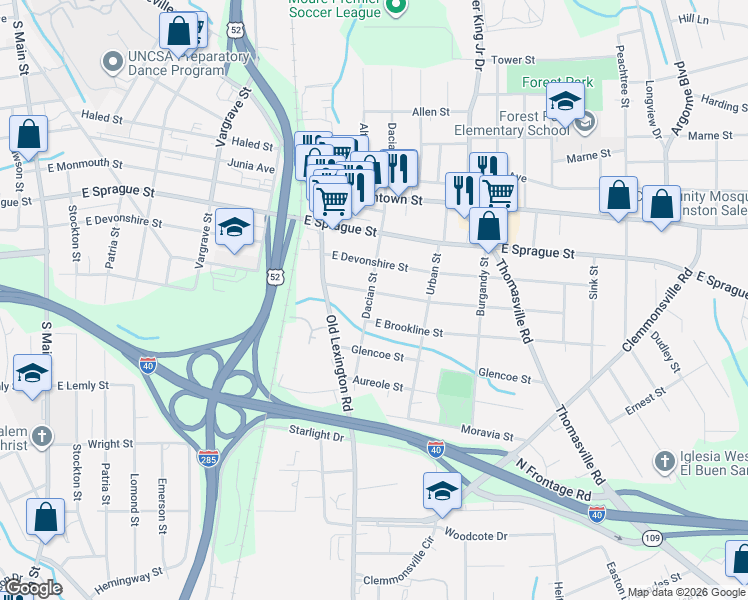 map of restaurants, bars, coffee shops, grocery stores, and more near 708 Goldfloss Street in Winston-Salem