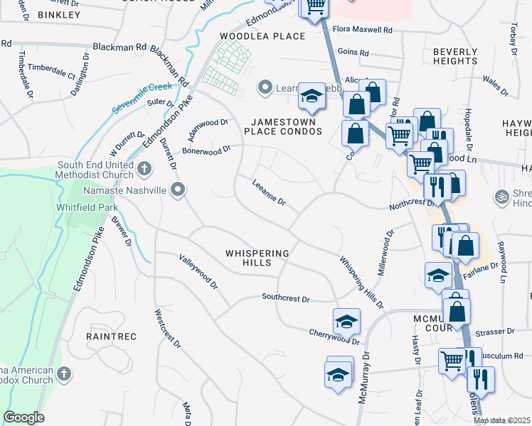 map of restaurants, bars, coffee shops, grocery stores, and more near 568 Whispering Hills Drive in Nashville