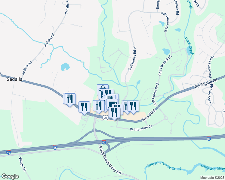map of restaurants, bars, coffee shops, grocery stores, and more near 6489 Bellcross Trail in Whitsett