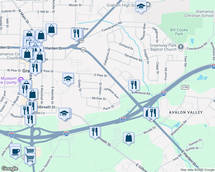 map of restaurants, bars, coffee shops, grocery stores, and more near 313 Gunter St in Graham
