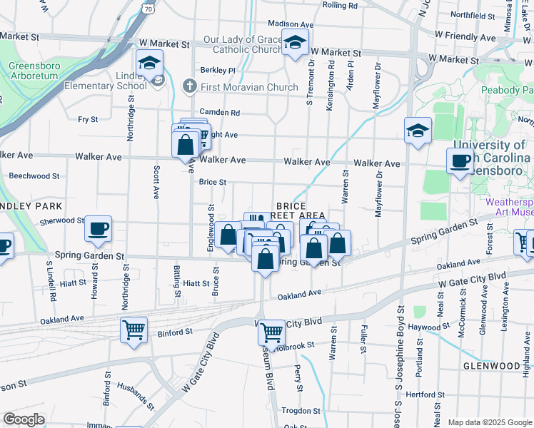 map of restaurants, bars, coffee shops, grocery stores, and more near 704 South Chapman Street in Greensboro