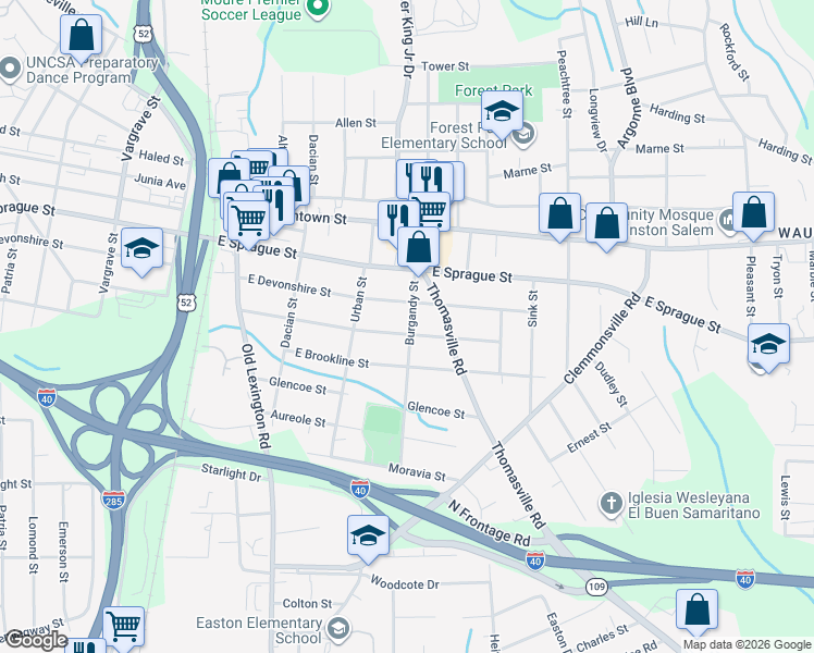 map of restaurants, bars, coffee shops, grocery stores, and more near 901 Goldfloss Street in Winston-Salem