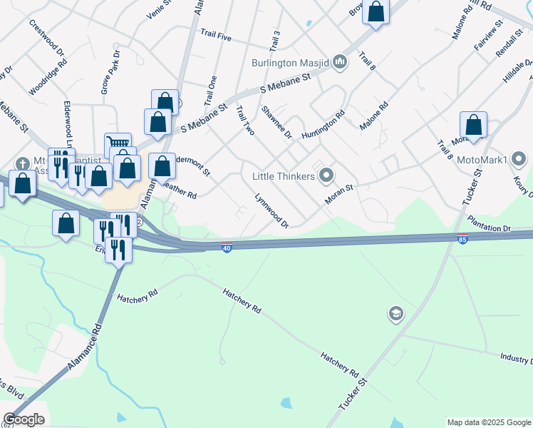 map of restaurants, bars, coffee shops, grocery stores, and more near 811 Lynnwood Drive in Burlington