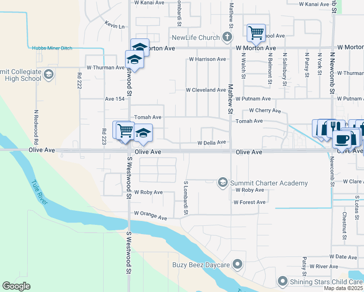 map of restaurants, bars, coffee shops, grocery stores, and more near 2179 West Della Avenue in Porterville