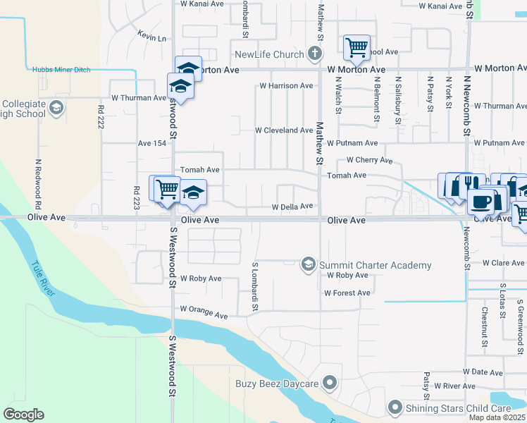 map of restaurants, bars, coffee shops, grocery stores, and more near 2149 West Della Avenue in Porterville