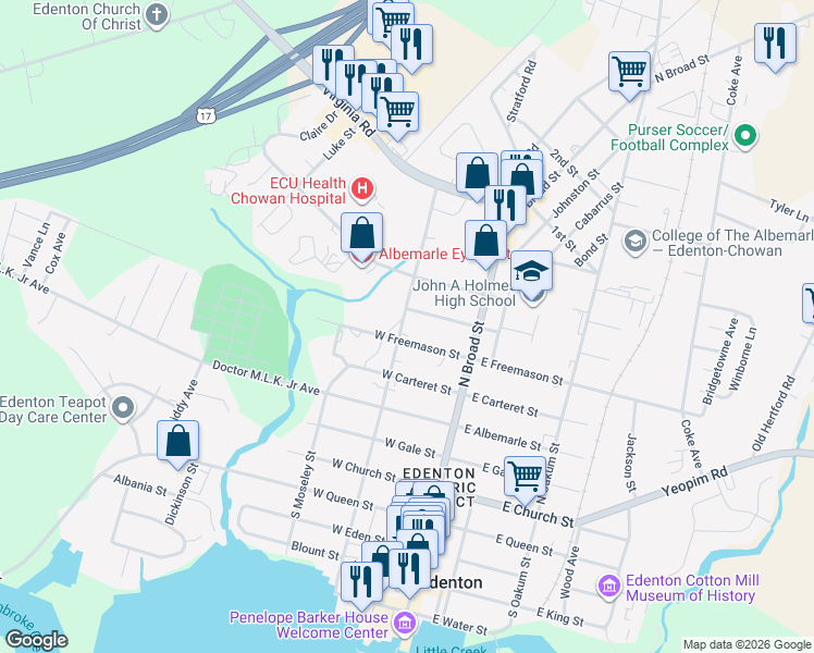 map of restaurants, bars, coffee shops, grocery stores, and more near 133 West Peterson Street in Edenton