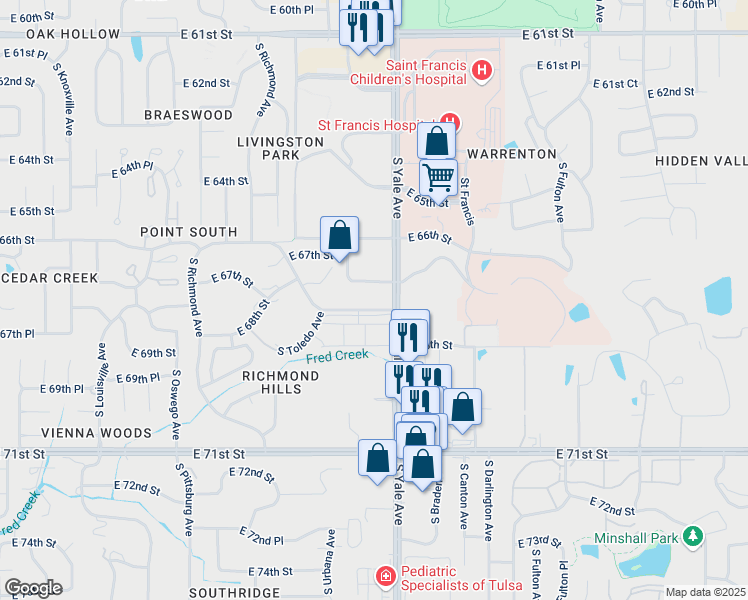 map of restaurants, bars, coffee shops, grocery stores, and more near 4600 East 67th Street in Tulsa