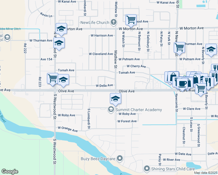 map of restaurants, bars, coffee shops, grocery stores, and more near 2006 West Olive Avenue in Porterville