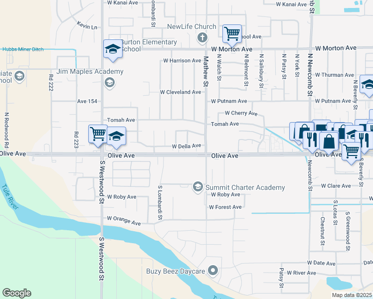 map of restaurants, bars, coffee shops, grocery stores, and more near 2101 West Della Avenue in Porterville