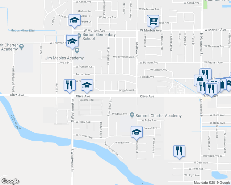 map of restaurants, bars, coffee shops, grocery stores, and more near 2149 West Della Avenue in Porterville