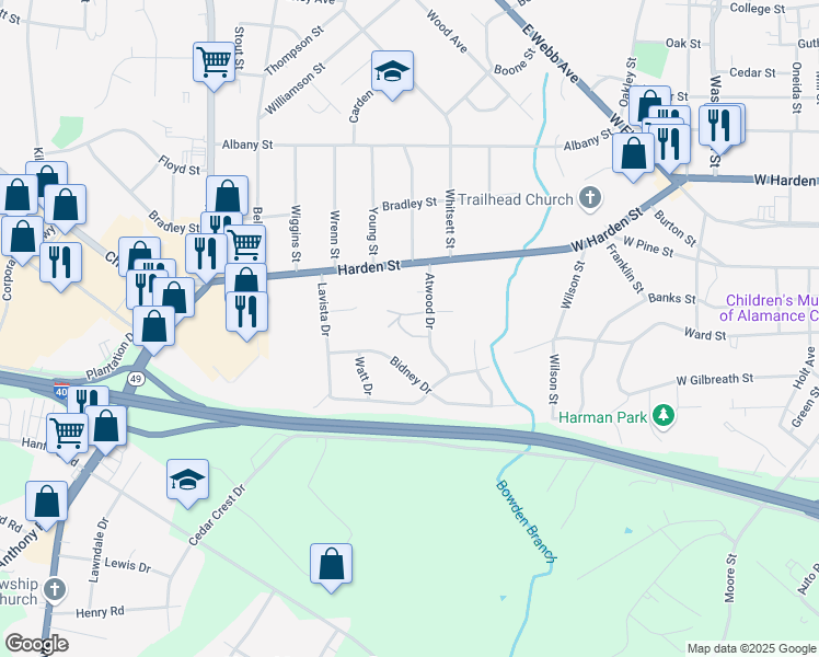 map of restaurants, bars, coffee shops, grocery stores, and more near 317-A Atwood Drive in Burlington