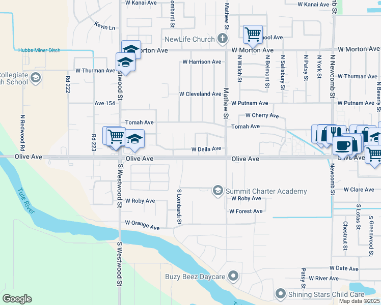 map of restaurants, bars, coffee shops, grocery stores, and more near 2121 West Della Avenue in Porterville
