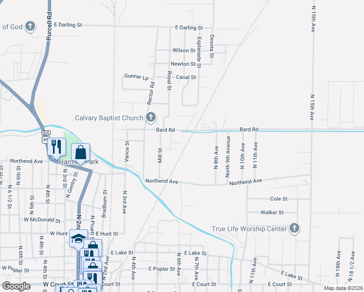 map of restaurants, bars, coffee shops, grocery stores, and more near 512 Sunrise Circle in Paragould