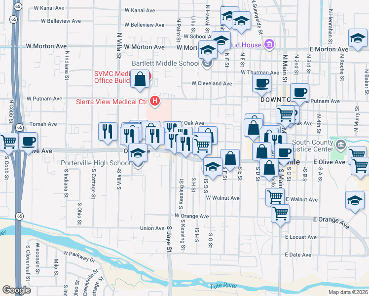 map of restaurants, bars, coffee shops, grocery stores, and more near 40 North Kessing Street in Porterville