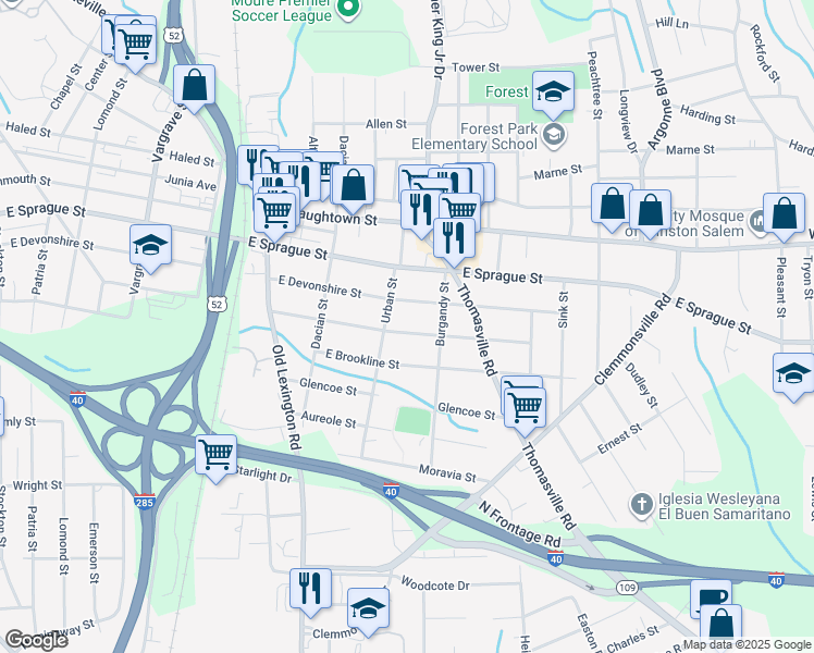 map of restaurants, bars, coffee shops, grocery stores, and more near 817 Goldfloss Street in Winston-Salem